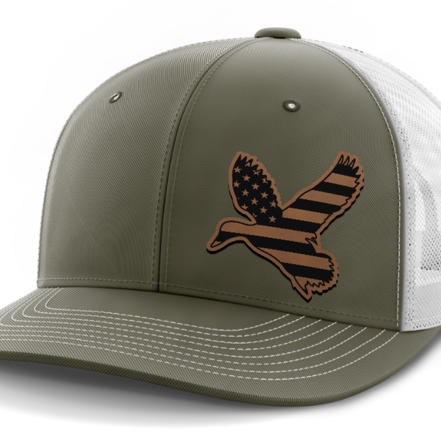 Duck Flag (left), Duck Hunting, Leather Patch Hat — Olive Green | White