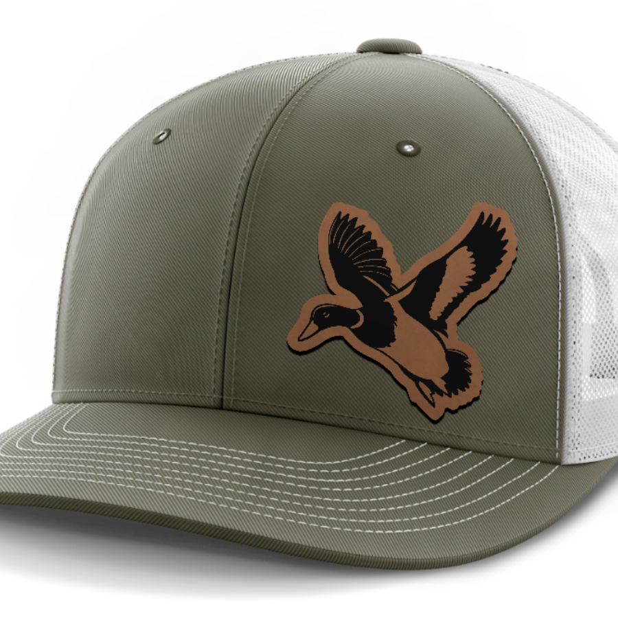 mallard@4x — 6 Panel Mid Profile Mesh Back Trucker Hat — Olive Green | White