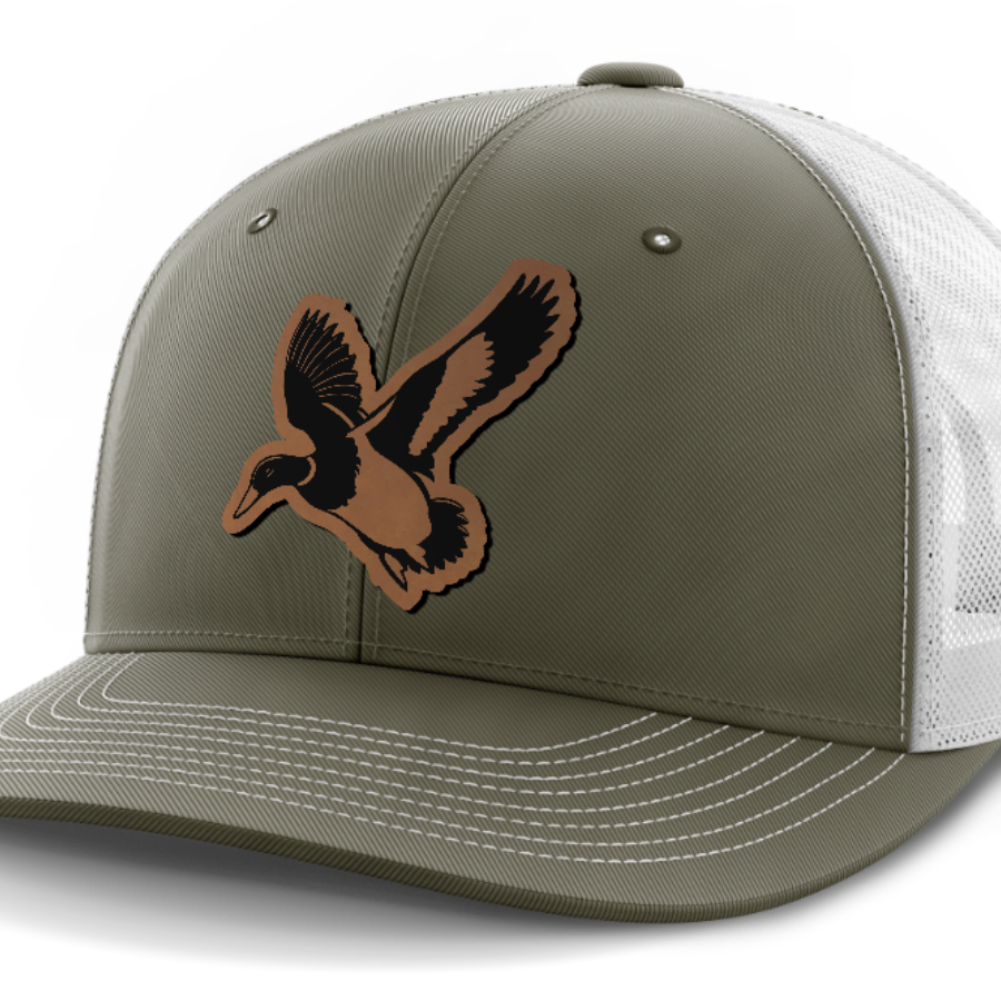 Mallard, Duck Hunting, Leather Patch Hat — Olive Green | White
