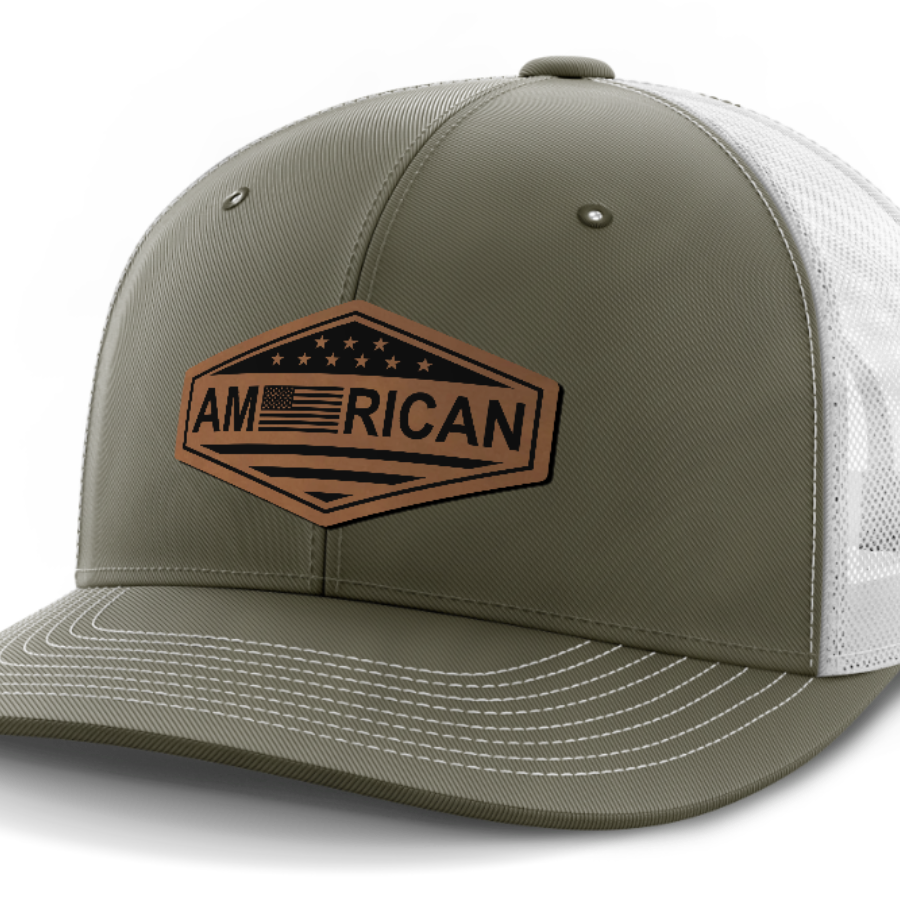 American Flag, Leather Patch Trucker Hat — Olive Green | White