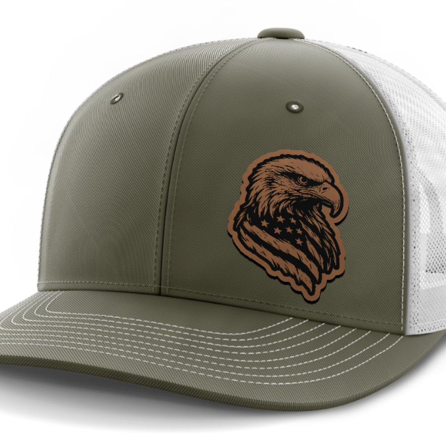 Eagle Flag (left), Leather Patch Hat — Olive Green | White