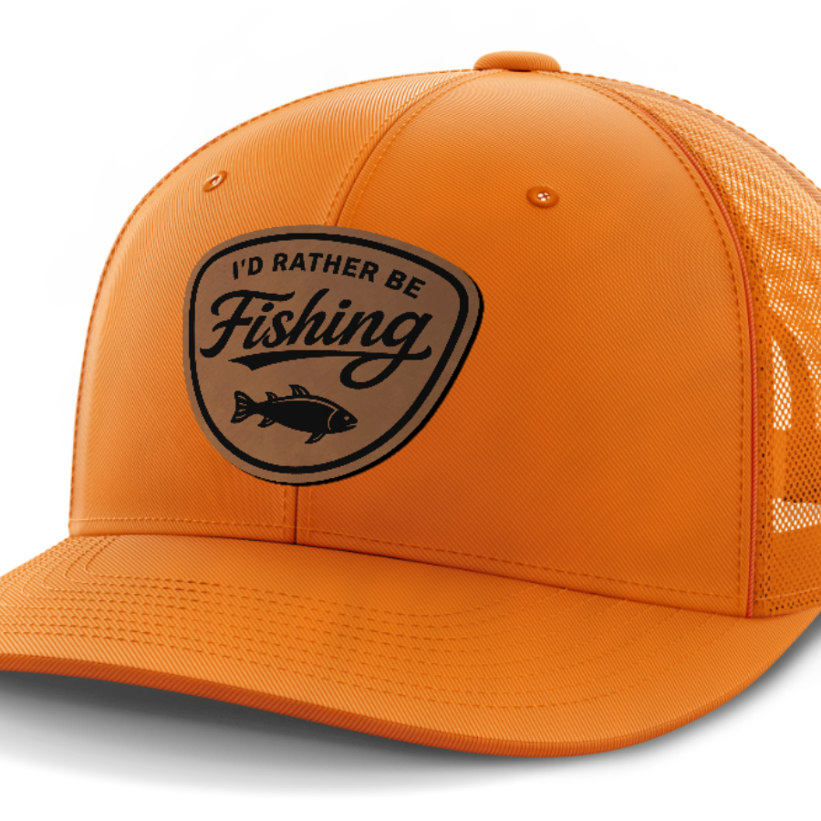 I'd Rather Be Fishing, Leather Patch Hat — Blaze Orange
