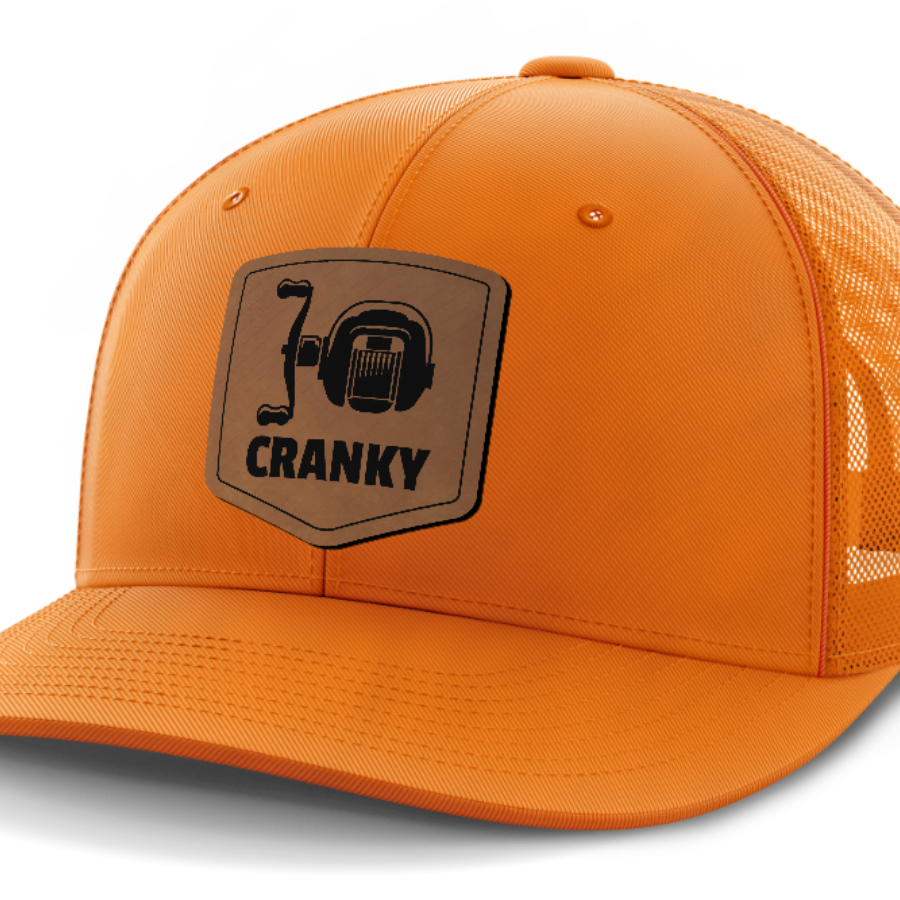 Cranky, Baitcaster, Leather Patch Hat — Blaze Orange