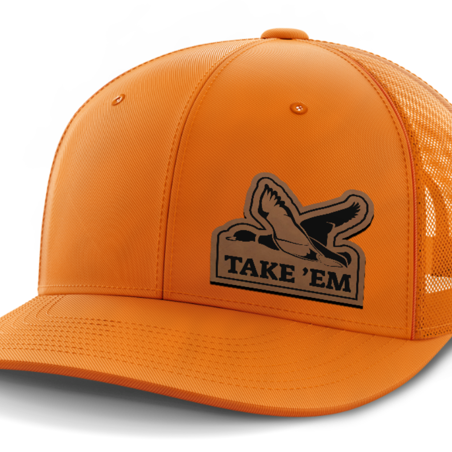 Take Em, Duck Hunting, Leather Patch Hat — Blaze Orange