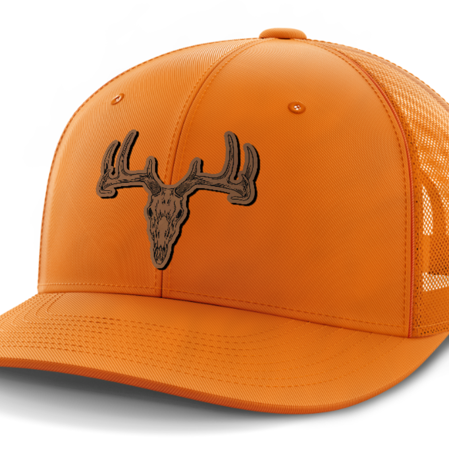 Deer Skull, Deer & Shed Hunting, Leather Patch Hat — Blaze Orange