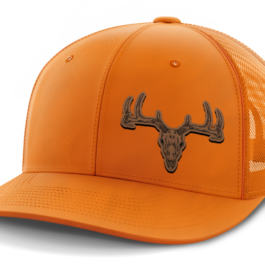 Deer Skull (left), Deer & Shed Hunting, Leather Patch Hat — Blaze Orange