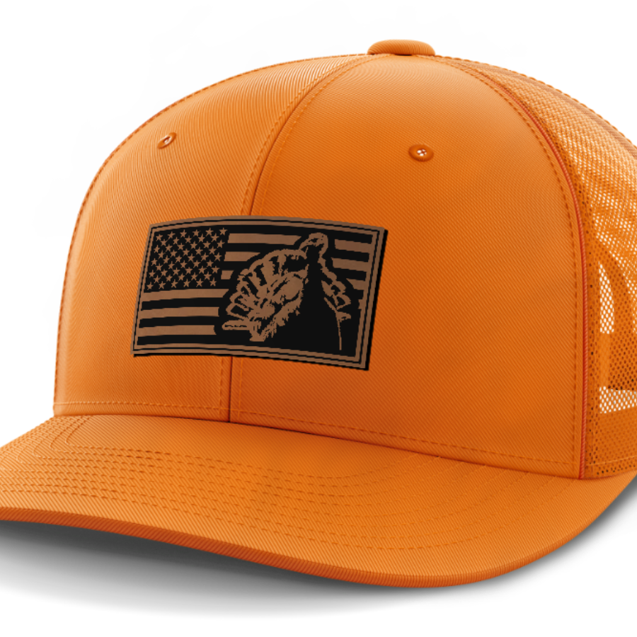 Flag with Turkey, Turkey Hunting, Leather Patch Hat — Blaze Orange