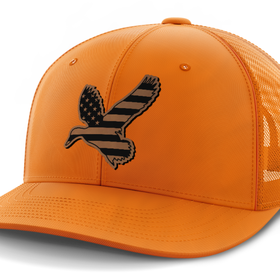 Duck Flag, Duck Hunting, Leather Patch Hat — Blaze Orange
