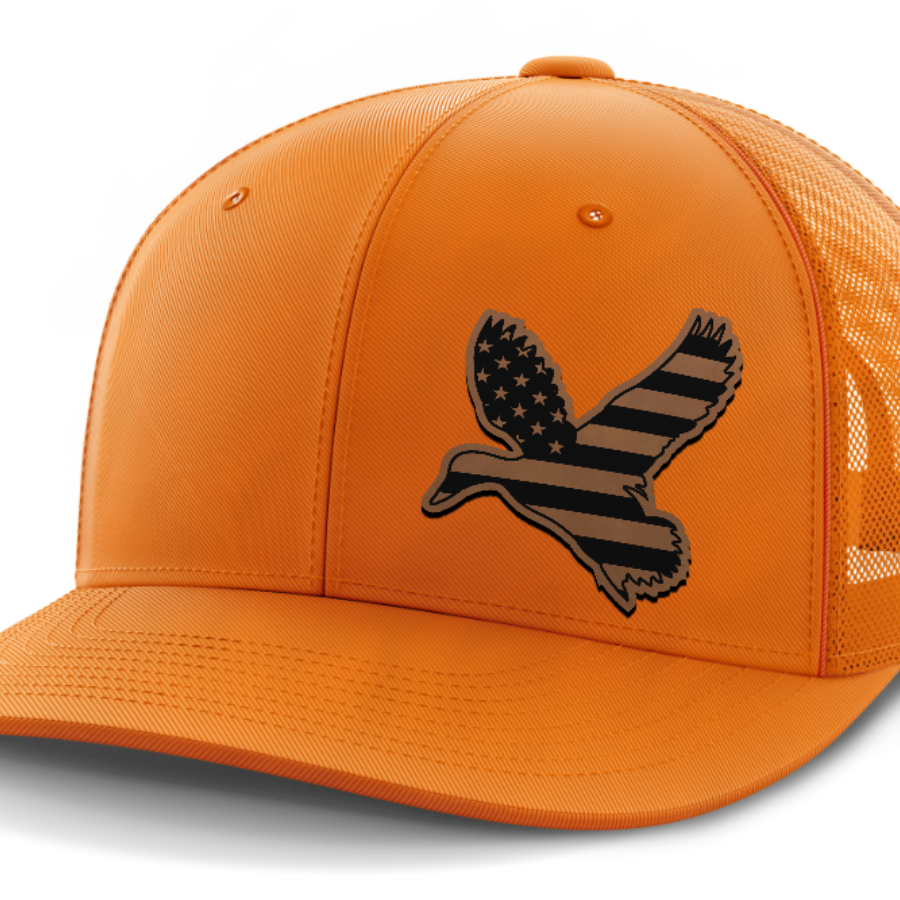 Duck Flag (left), Duck Hunting, Leather Patch Hat — Blaze Orange