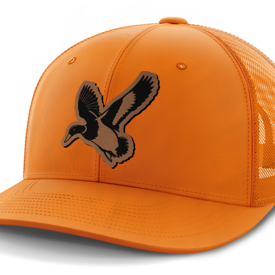 Mallard, Duck Hunting, Leather Patch Hat — Blaze Orange
