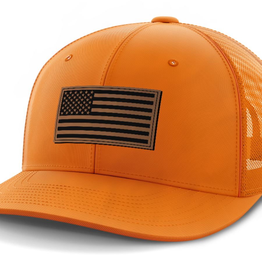USA Flag, Leather Patch Hat — Blaze Orange