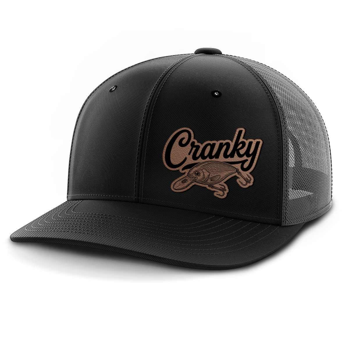 Cranky, Crankbait Decal (left), Leather Patch Hat