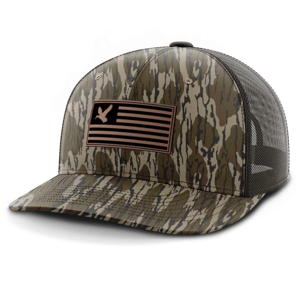 Flag w/ Duck (centered patch), Leather Patch Trucker Hat