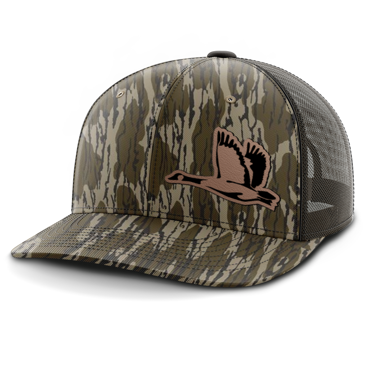 Geese Hunting (left patch), Leather Patch Trucker Hat