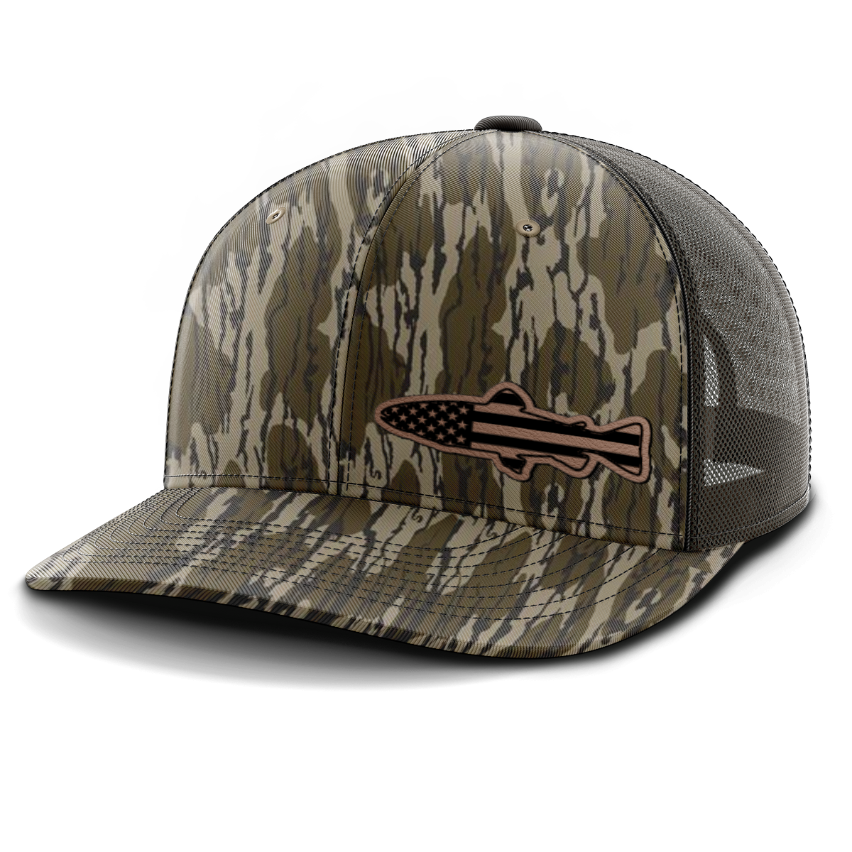 Fishing, Trout Flag (left), Leather Patch Trucker Hat