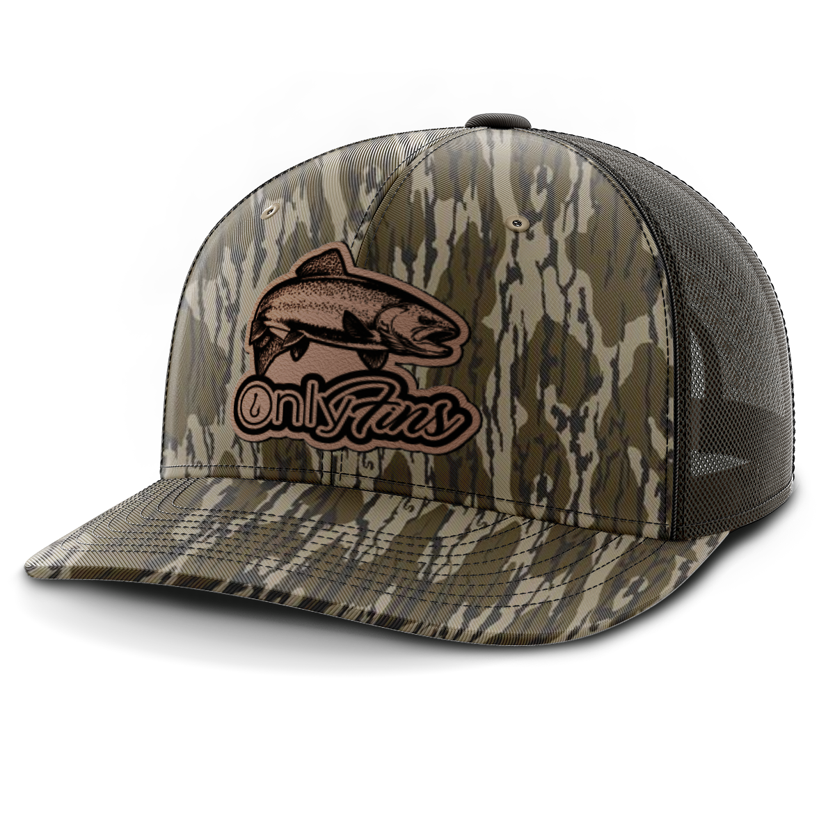 Fishing, Only Fins Trout, Leather Patch Trucker Hat