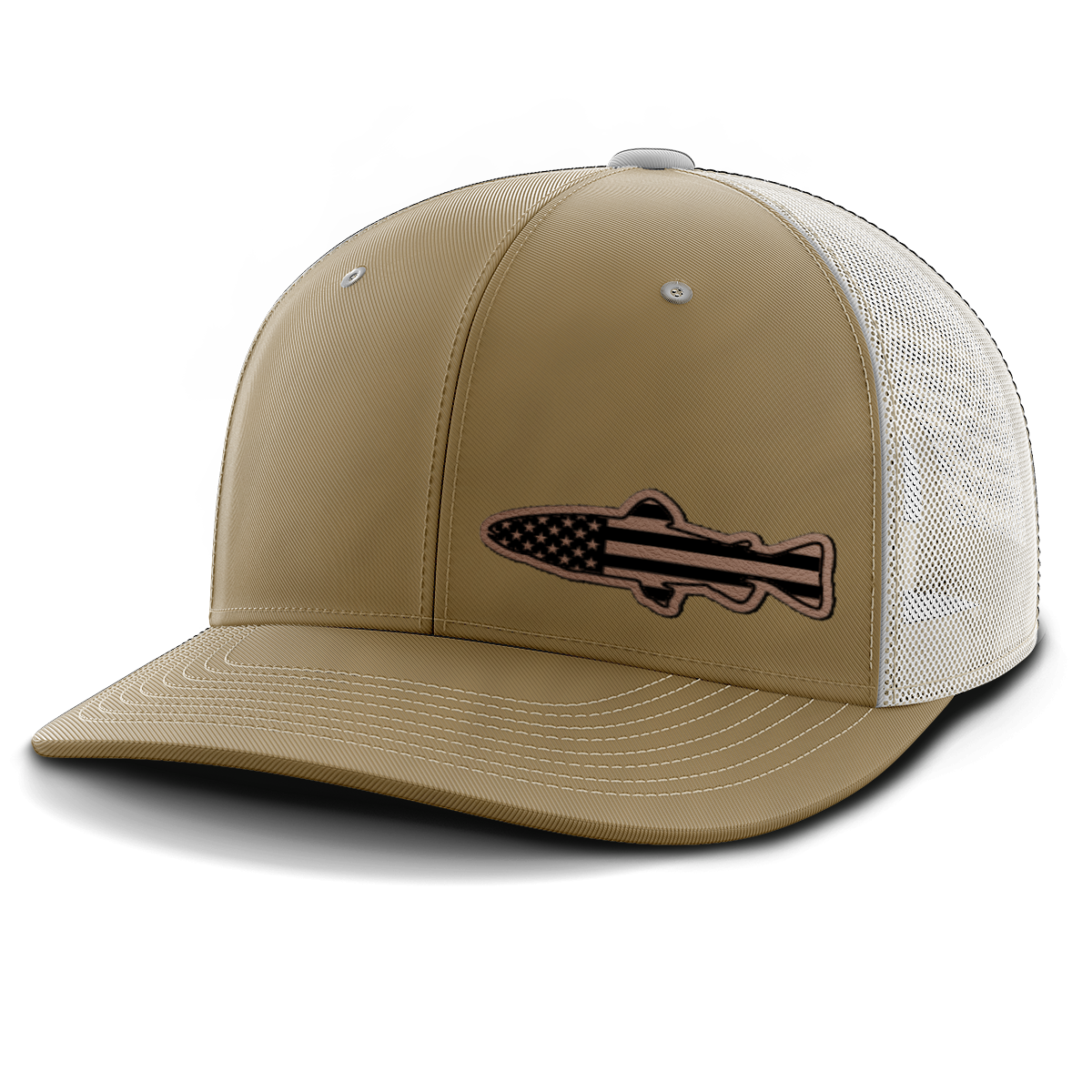 Fishing, Trout Flag (left), Leather Patch Trucker Hat