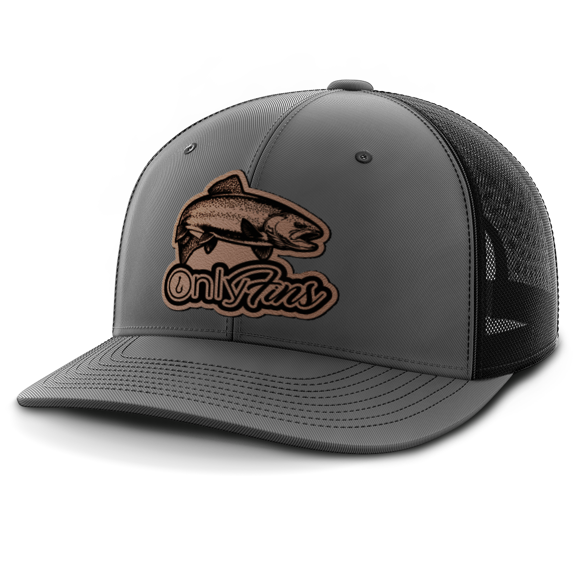 Fishing, Only Fins Trout, Leather Patch Trucker Hat