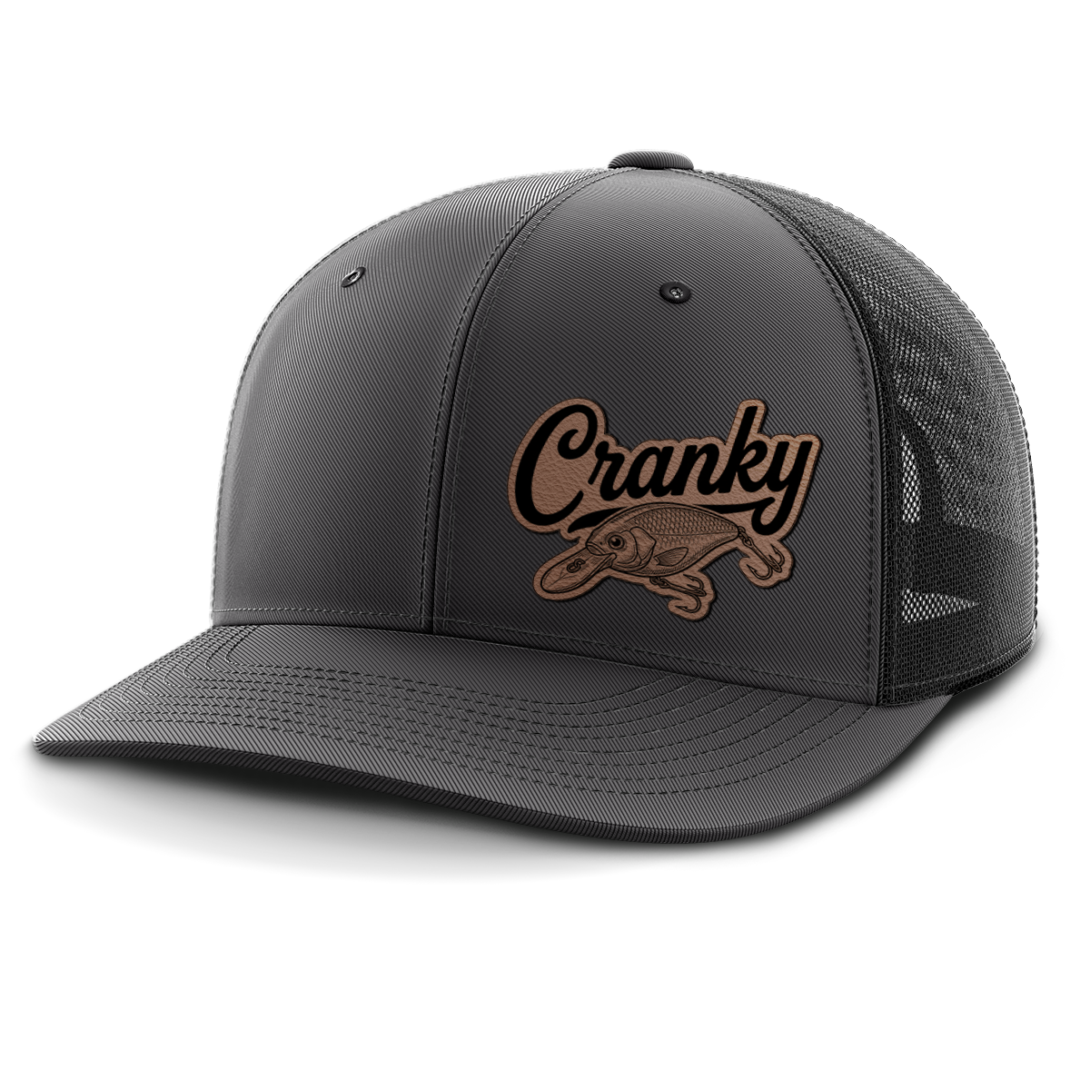 Cranky, Crankbait Decal (left), Leather Patch Hat
