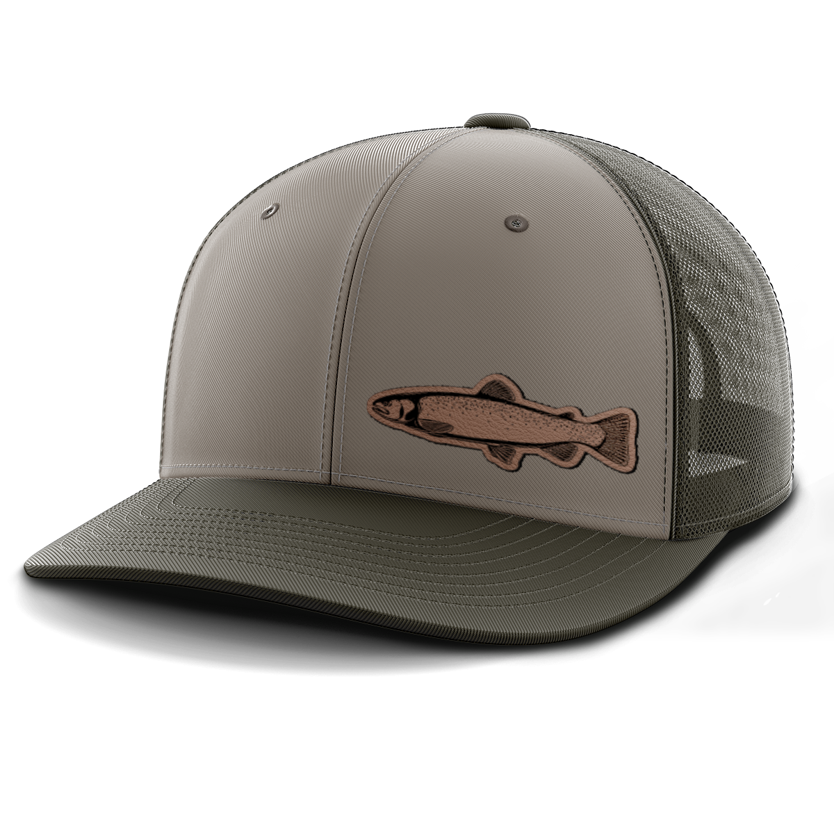 Fishing, Trout (left), Leather Patch Trucker Hat