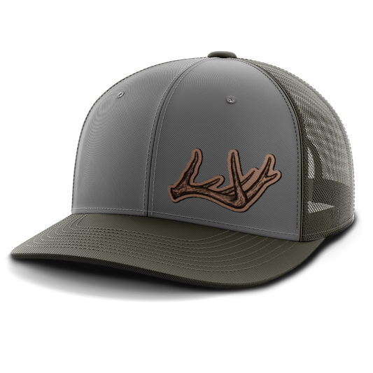 Leather Patch Trucker Hat, Deer & Shed Hunting, Antlers (left)