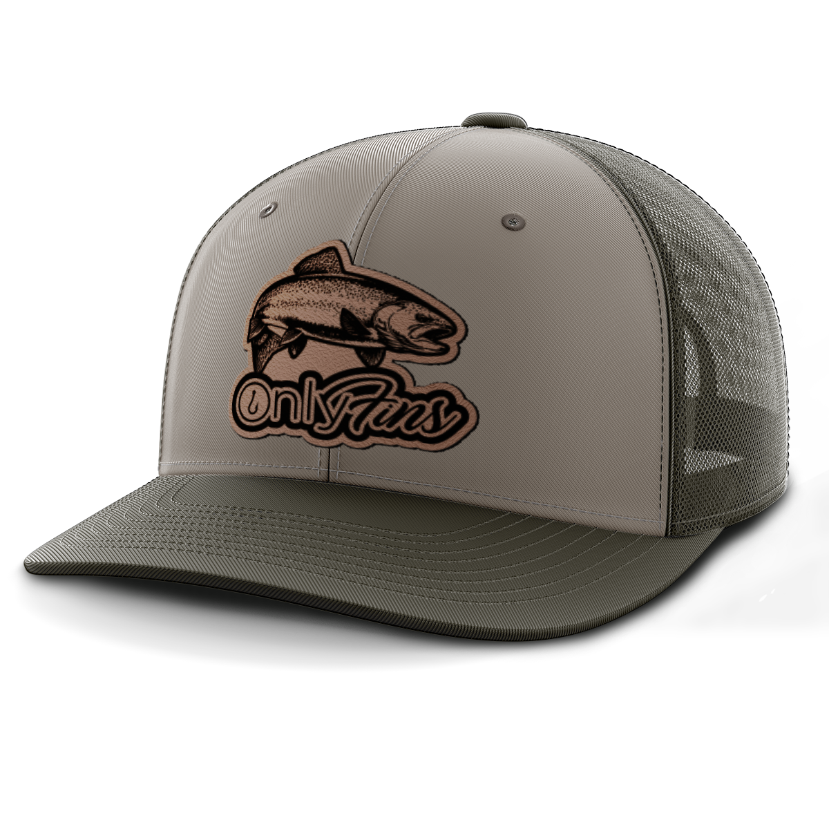 Fishing, Only Fins Trout, Leather Patch Trucker Hat