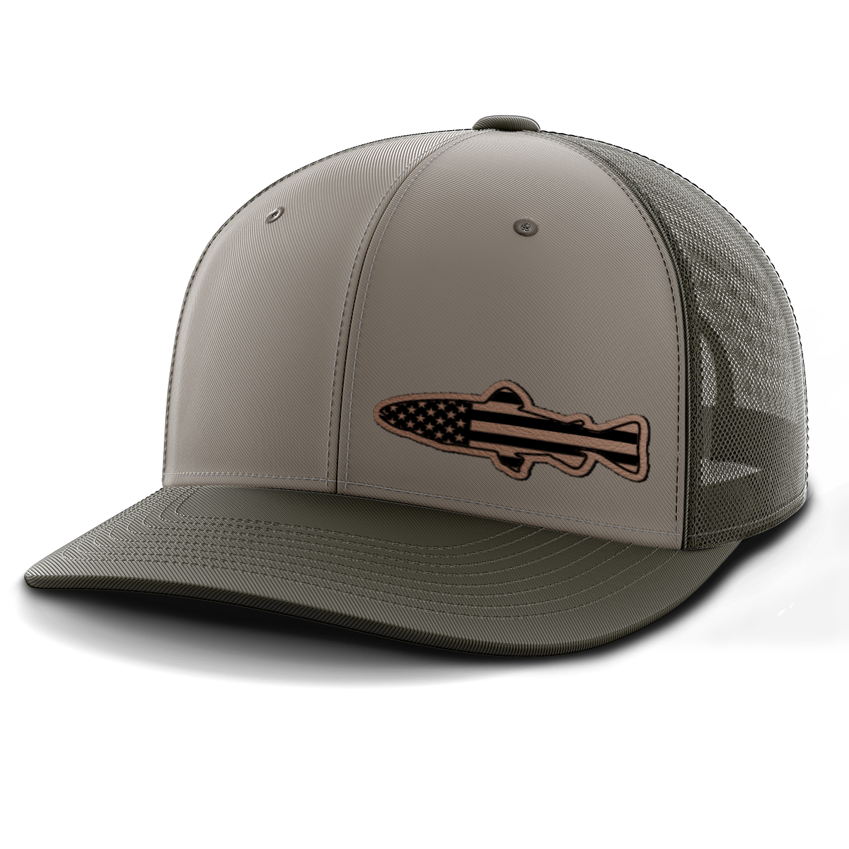 Fishing, Trout Flag (left), Leather Patch Trucker Hat