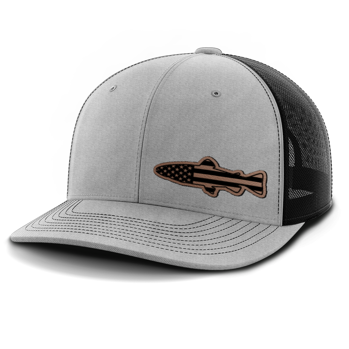 Fishing, Trout Flag (left), Leather Patch Trucker Hat