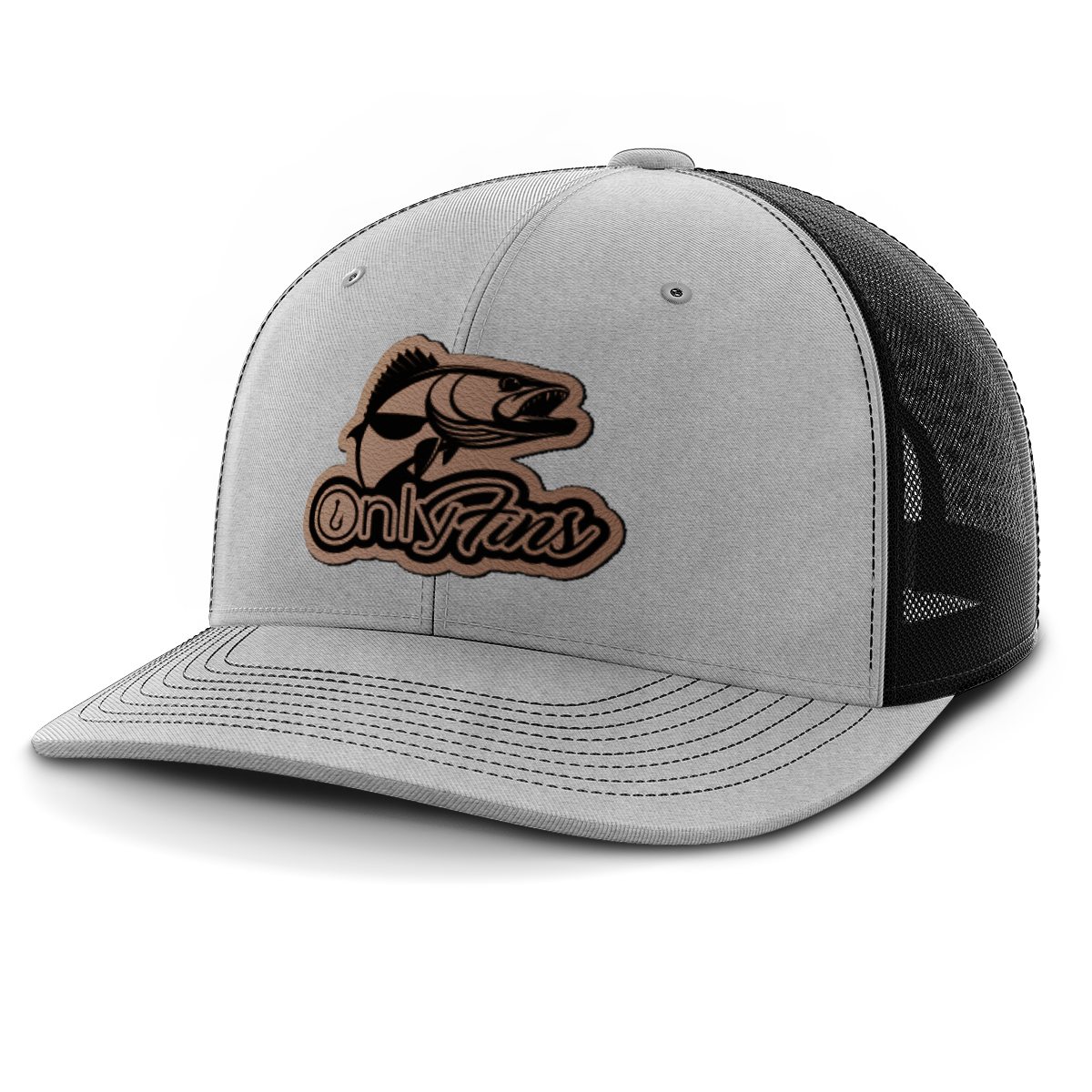 Fishing, Only Fins Walleye, Leather Patch Trucker Hat