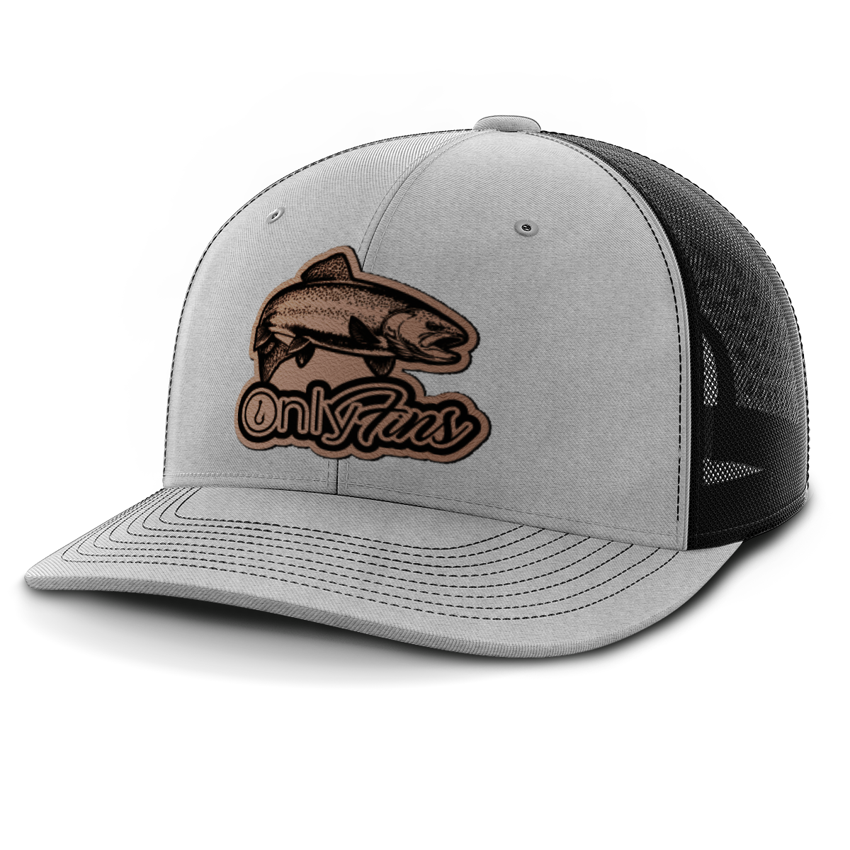 Fishing, Only Fins Trout, Leather Patch Trucker Hat