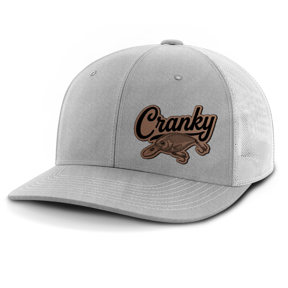 Cranky, Crankbait Decal (left), Leather Patch Hat