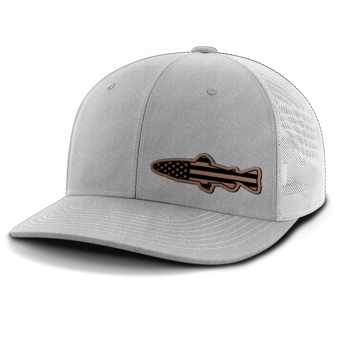 Fishing, Trout Flag (left), Leather Patch Trucker Hat