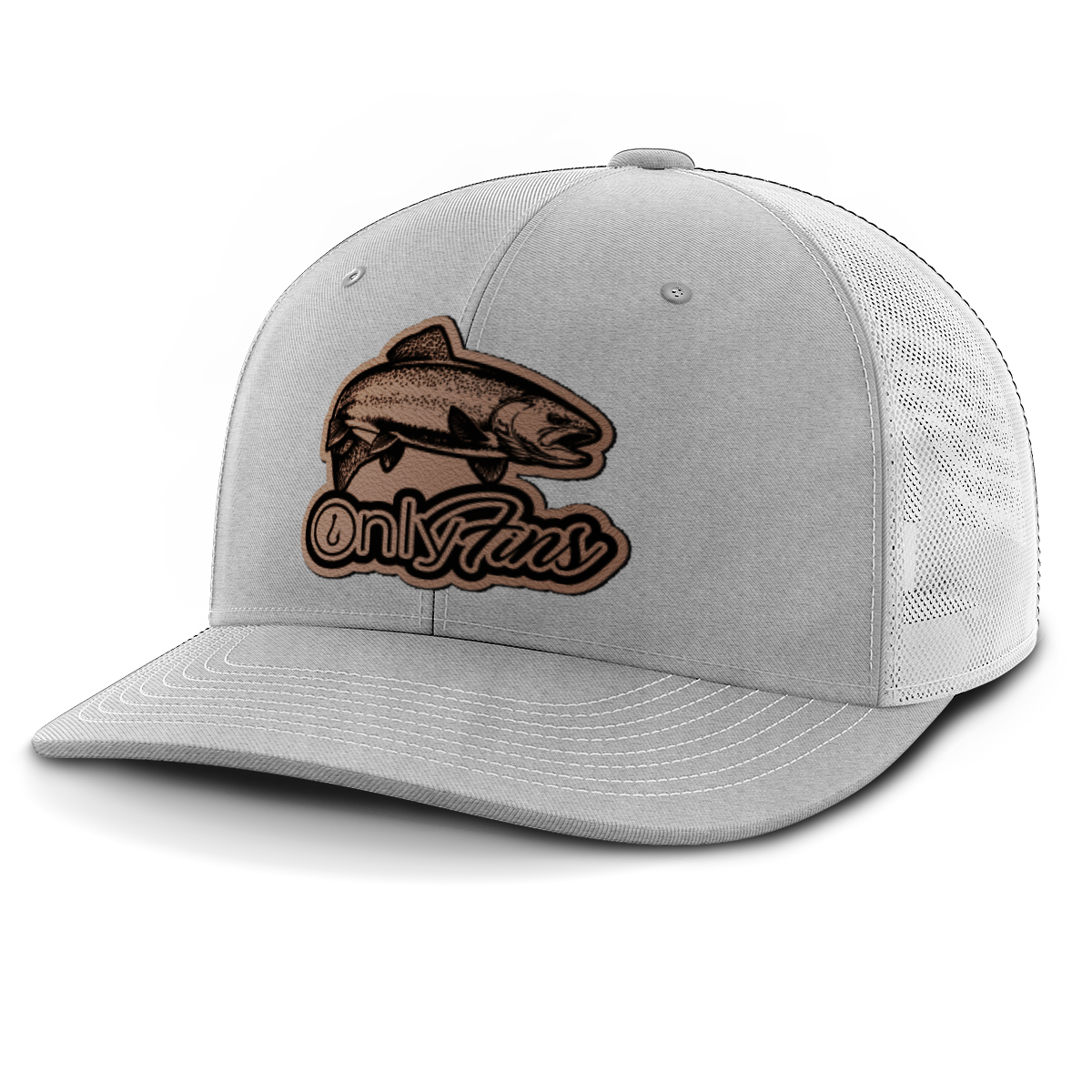 Fishing, Only Fins Trout, Leather Patch Trucker Hat