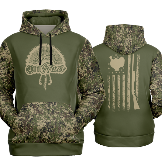 Turkey Hunting, Only Fans, Mid Weight Pullover Hoodie, Green Camo