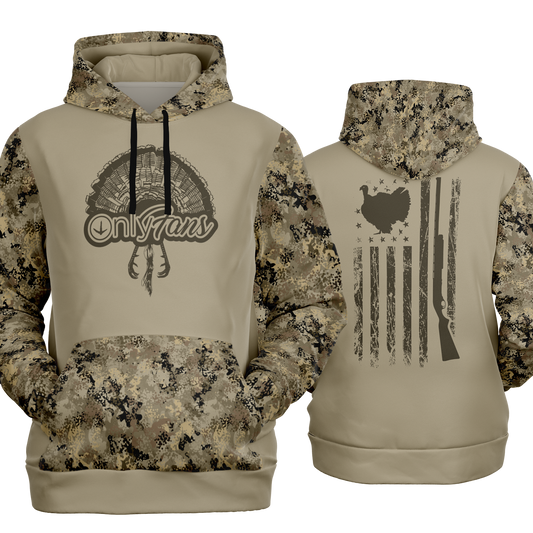 Turkey Hunting, Only Fans, Mid Weight Pullover Hoodie, Tan Camo