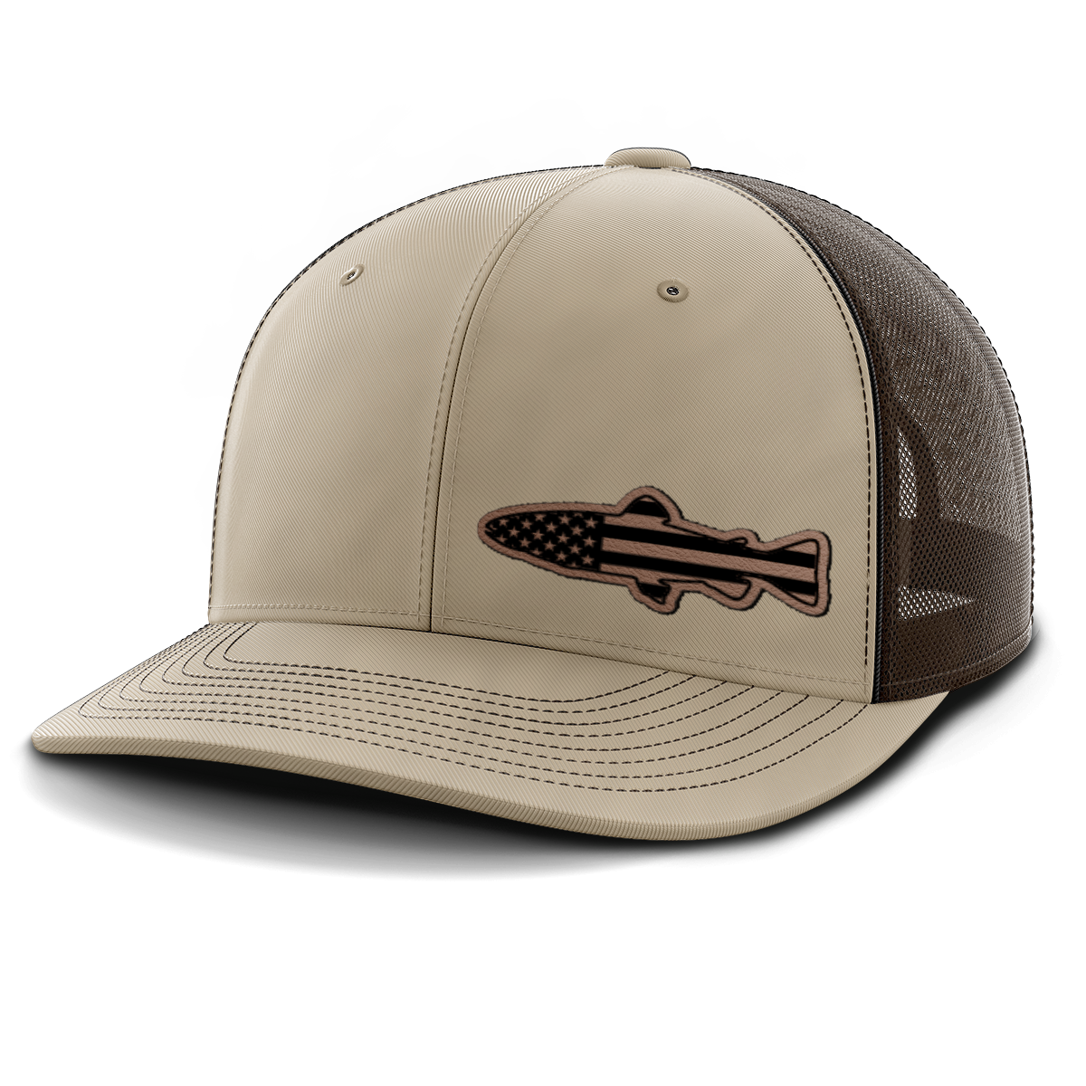 Fishing, Trout Flag (left), Leather Patch Trucker Hat