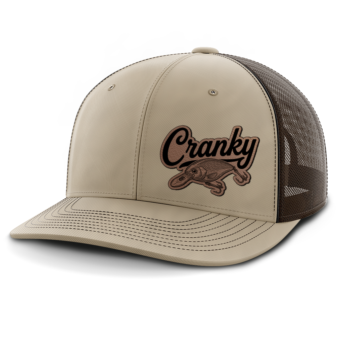 Cranky, Crankbait Decal (left), Leather Patch Hat