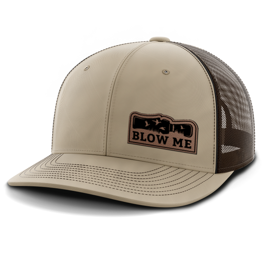 Leather Patch Trucker Hat, Duck Hunting, Blow Me Duck Call