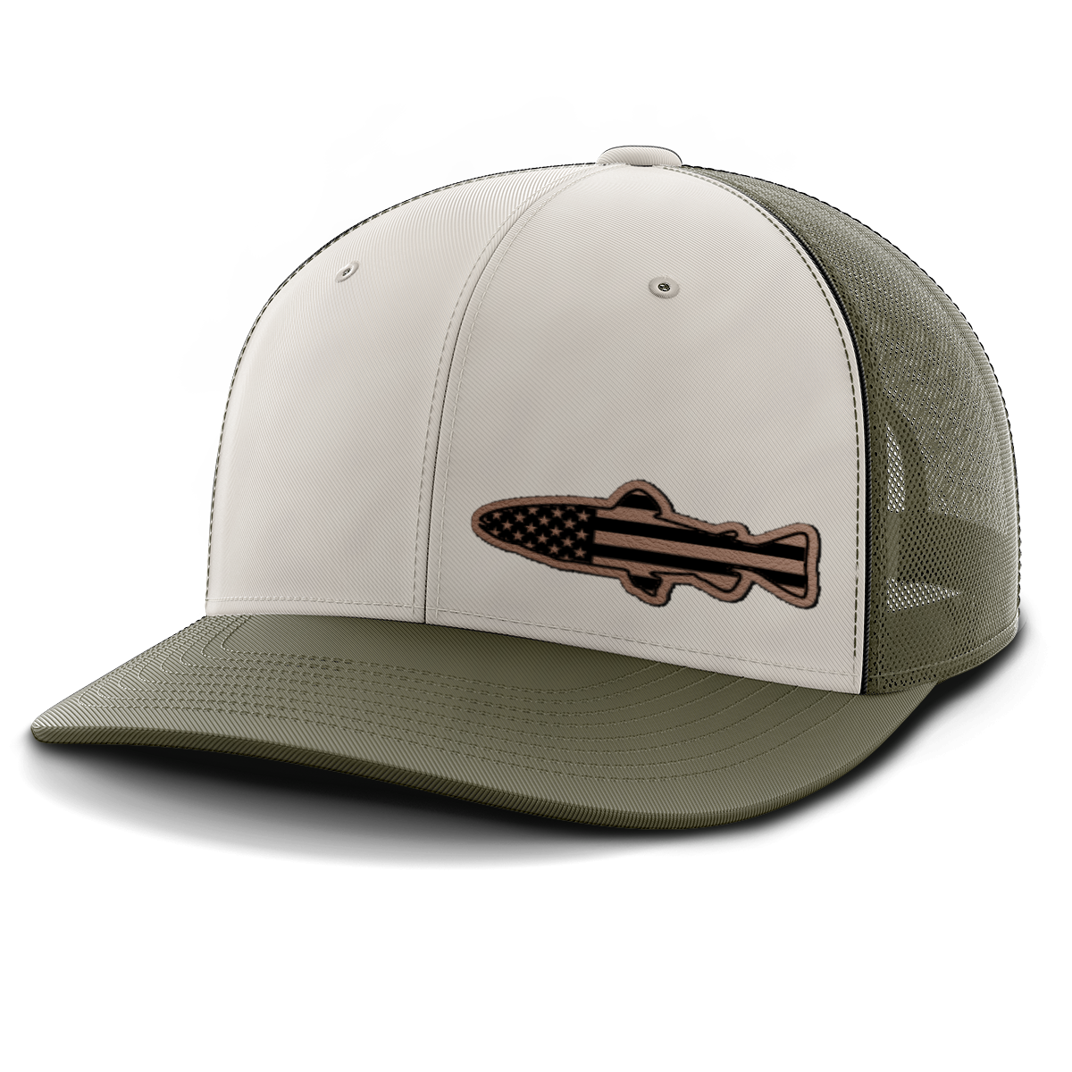 Fishing, Trout Flag (left), Leather Patch Trucker Hat