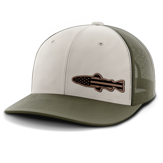 Leather Patch Trucker Hat, Fishing, Trout Flag (left)