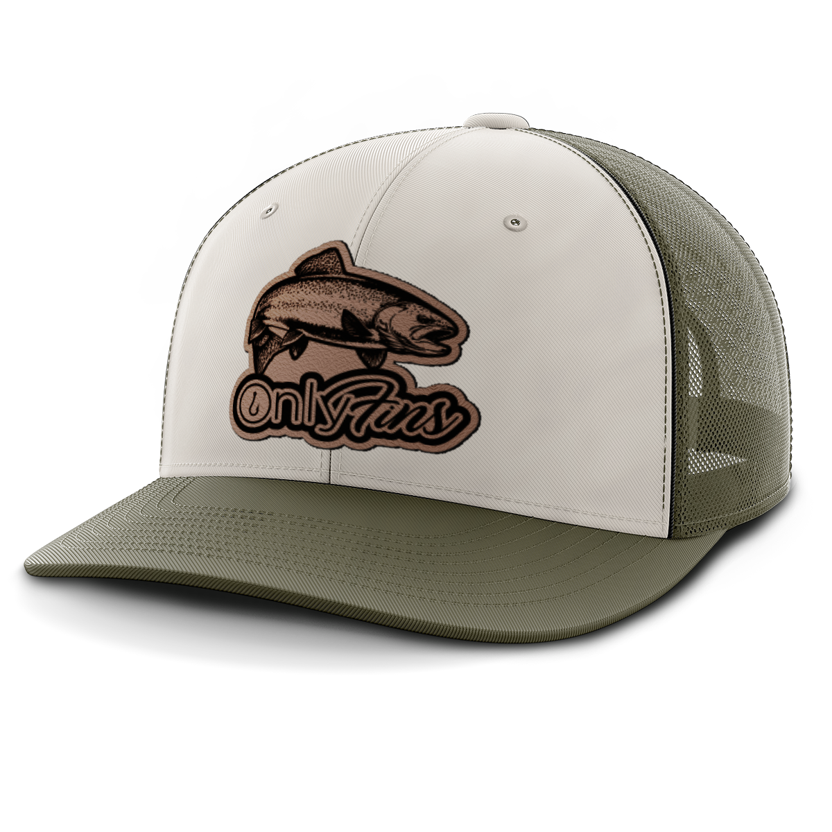 Fishing, Only Fins Trout, Leather Patch Trucker Hat