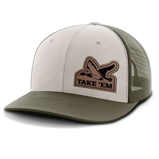 Leather Patch Trucker Hat, Duck Hunting, Take 'Em