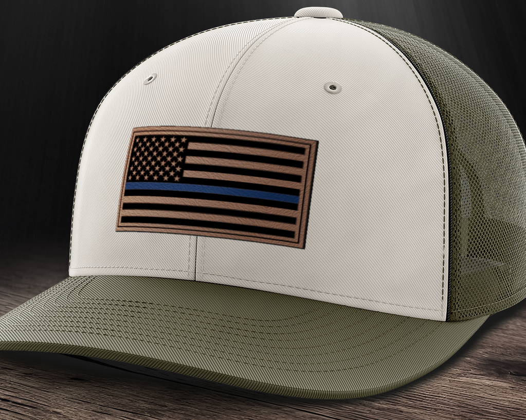 Thin Blue Line, Police Flag Hat, Leather Patch Trucker Hat Black | Dark Gray