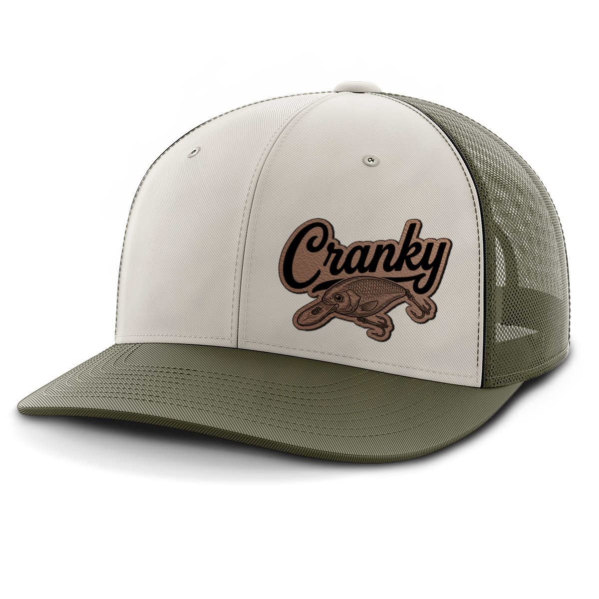 Cranky, Crankbait Decal (left), Leather Patch Hat