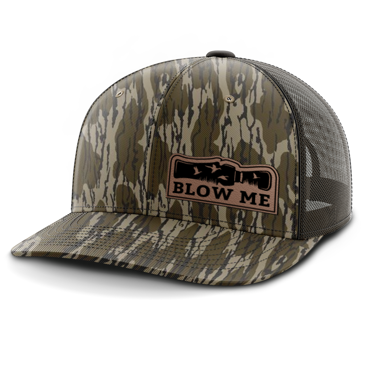 Blow Me Duck Call, Leather Patch Trucker Hat