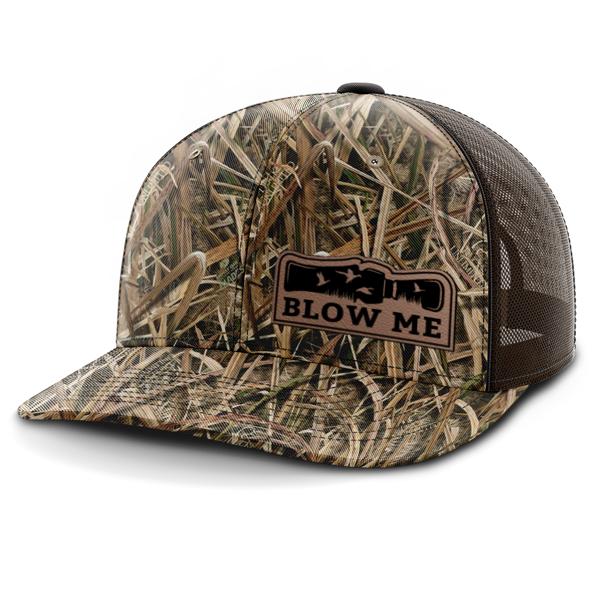 Blow Me Duck Call, Leather Patch Trucker Hat