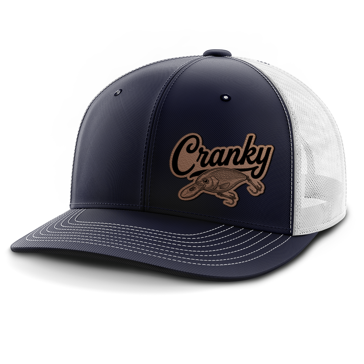 Cranky, Crankbait Decal (left), Leather Patch Hat