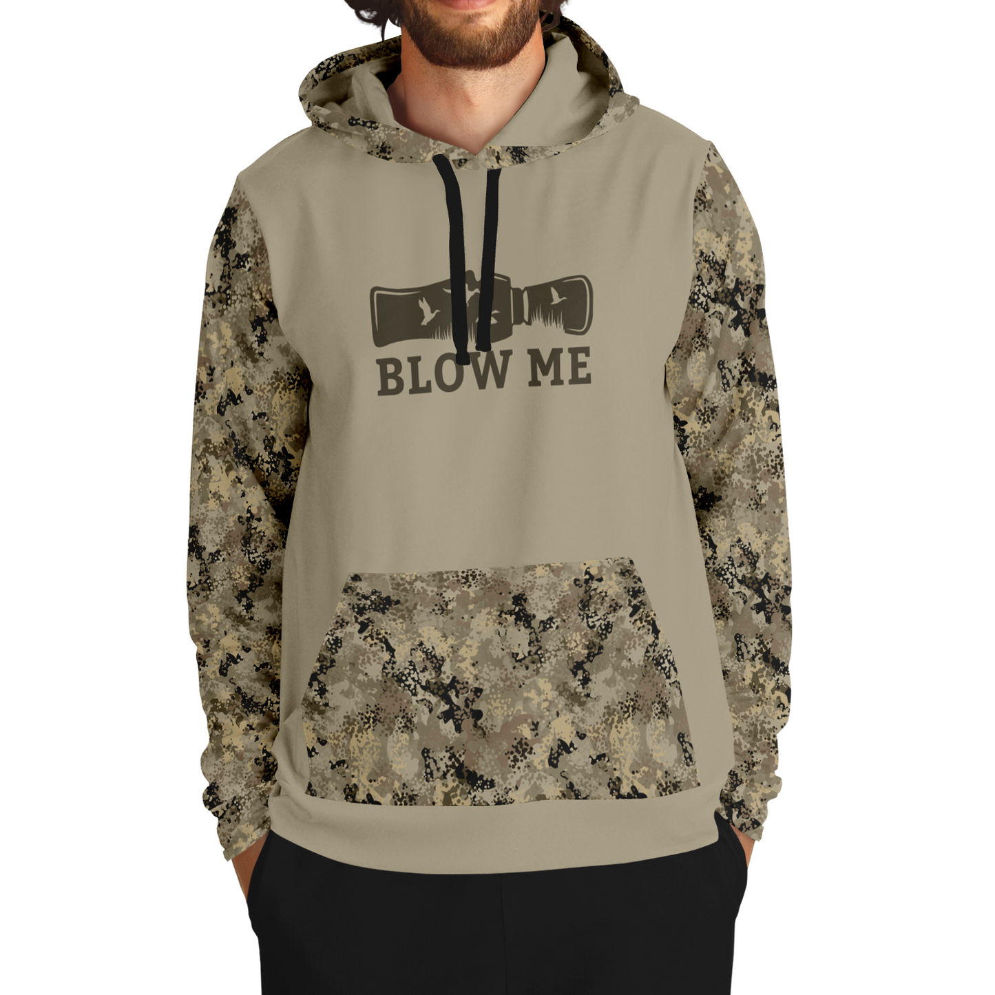 Duck Hunting, Blow Me (Blank Back), Mid Weight Pullover Hoodie (Tan Camo)