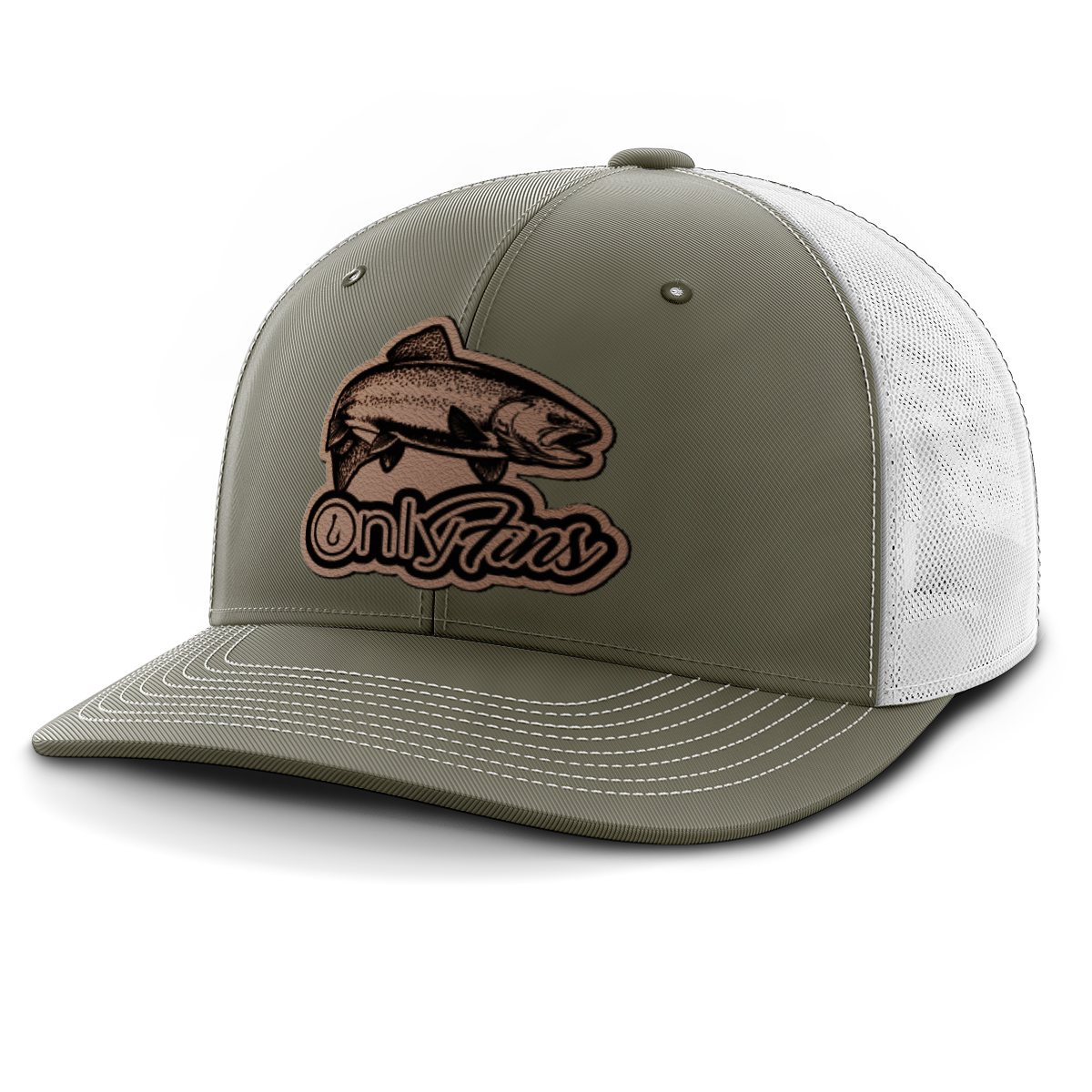 Fishing, Only Fins Trout, Leather Patch Trucker Hat