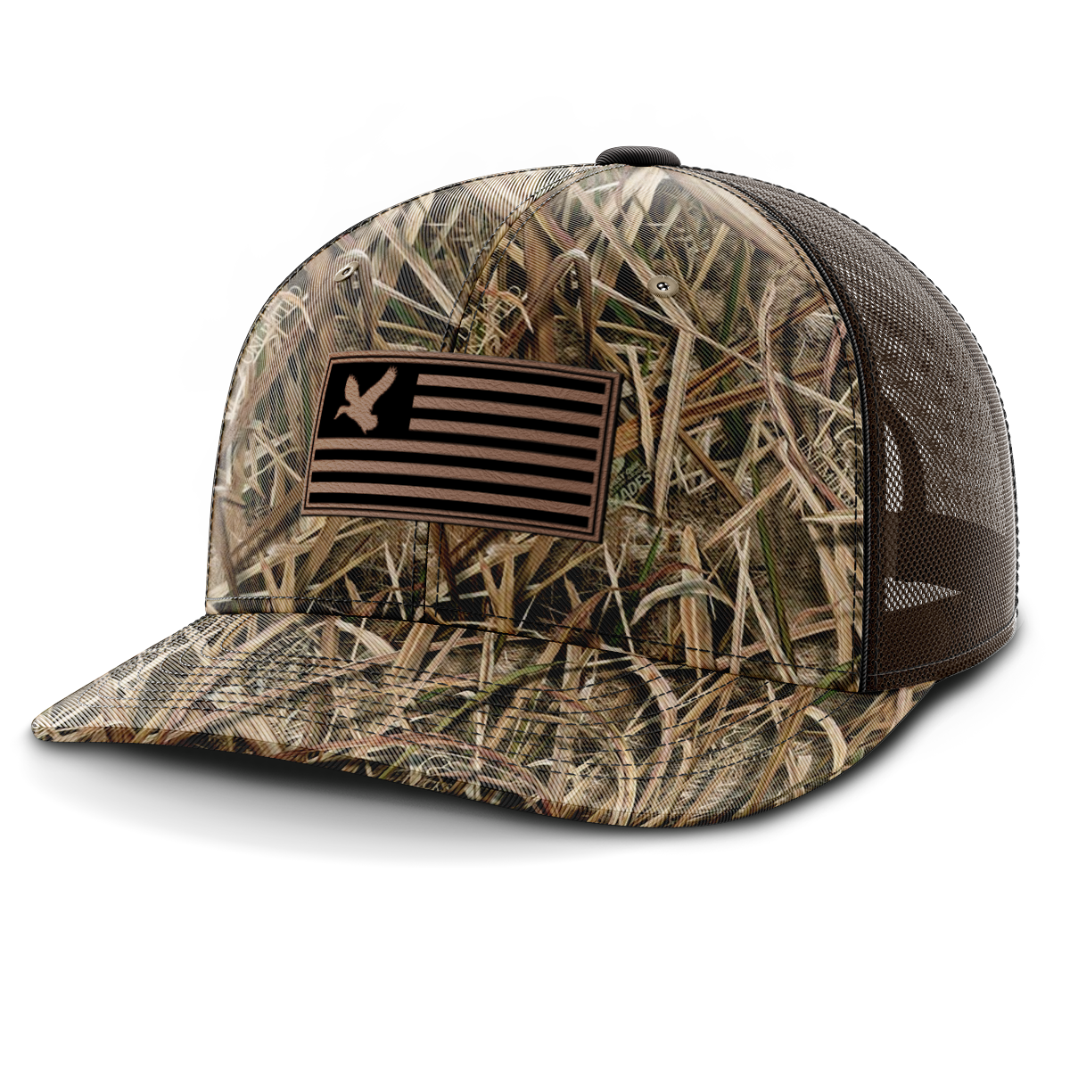 Flag w/ Duck (centered patch), Leather Patch Trucker Hat